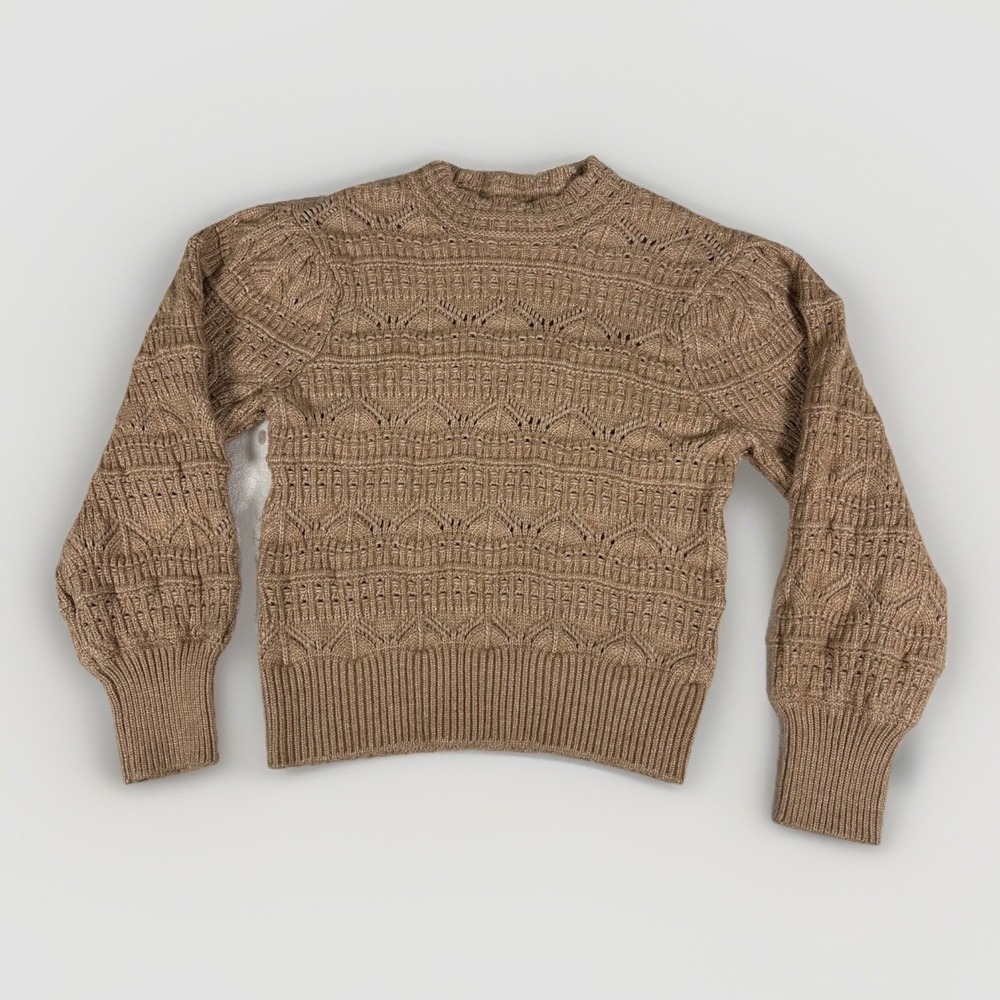 Design History Pointelle Knit Sweater Womens Medium Tan Puff Sleeve Boho Cottage